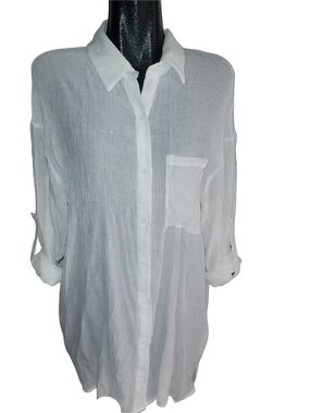 PrettyLittleThing White Semi-sheer Button-Up Beach Cover-Up Shirt Size 8